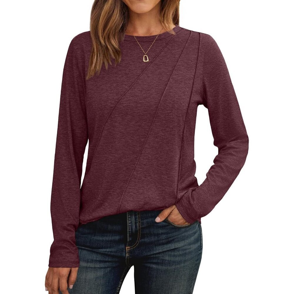Womens Pleated Long Sleeve Tunic Tops - Loose Fit Crewneck Casual Shirts, Soft L